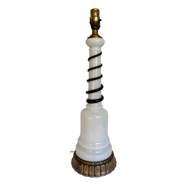 Art Deco Murano Style Milk Glass & Cobalt Blue Swirl Art Glass Table Lamp For Sale
