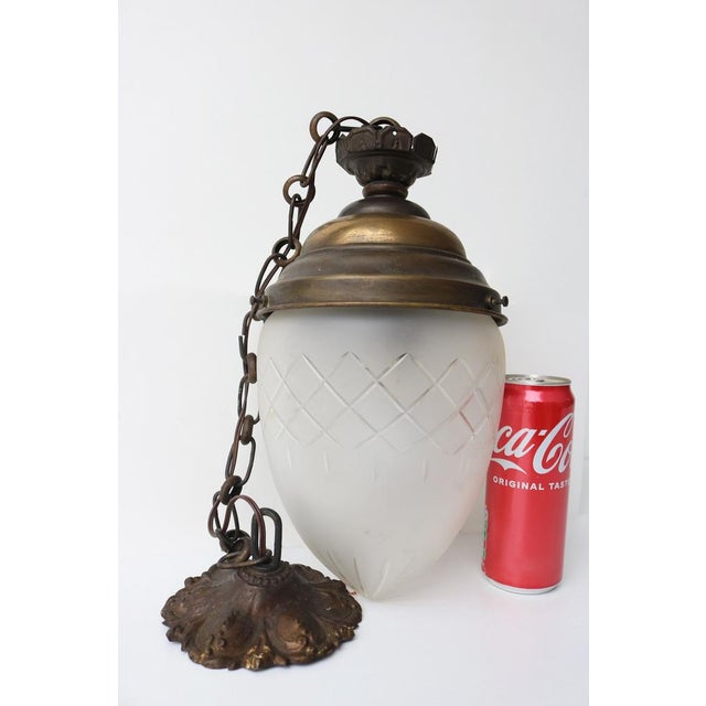 Antique French Teardrop Hall Lantern in Brass with Etched Frosted Glass, 1890s For Sale - Image 14 of 16