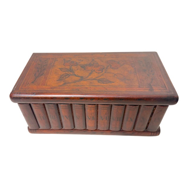 Antique 19th Century Handmade Inlaid Marquetry Wood Book Shelf Jewelry Box For Sale