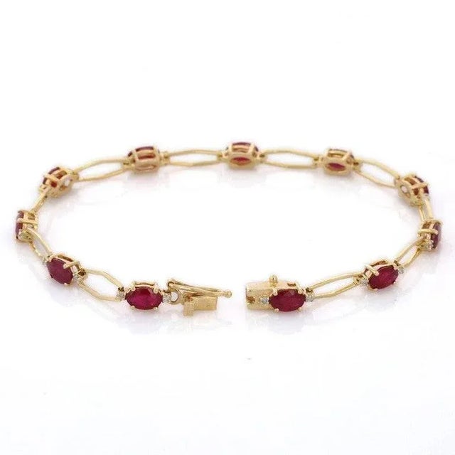 1920s Style Deep Red Ruby Tennis Bracelet With Diamonds in 14kt Yellow Gold For Sale - Image 9 of 15