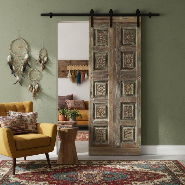 Mid-Century Modern Antique Floral Carved Double Doors – Rustic Heritage Revival Sliding Barn Doors80x28 For Sale - Image 3 of 5