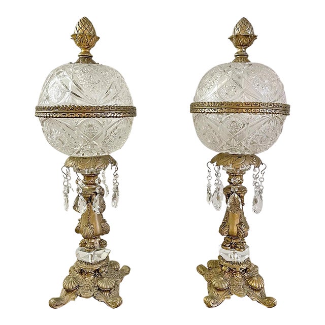 Mid-20th Century Hollywood Regency Crystal Globe Table Lamps - a Pair For Sale
