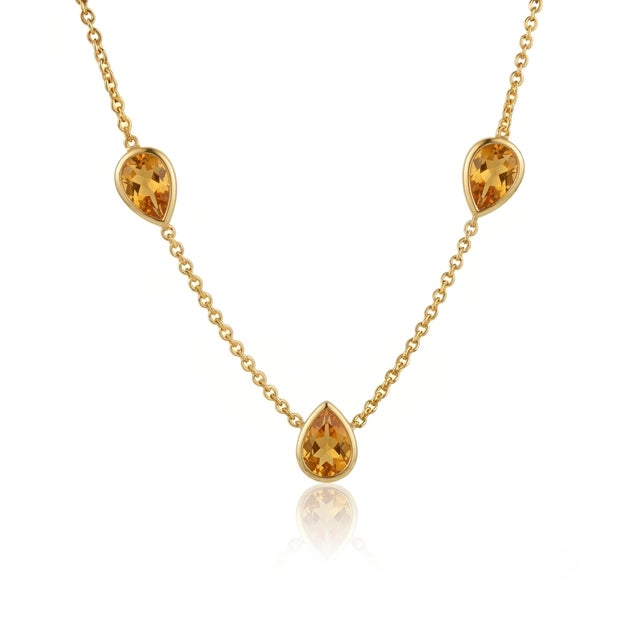 Citrine 3-Stone Station Necklace - BezeL Chain November Birthstone Necklace For Sale