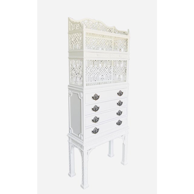 George III Style Mahogany Cabinet on stand. Professionally lacquered, six drawer cabinet featuring pierced, open fretwork,...