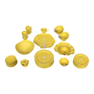1950s Vintage Selca Yellow Majolica Cabbage Plate Set- 42 Pieces For Sale