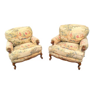 Vintage Bosporus Toile Linen Club Chairs- Pair For Sale