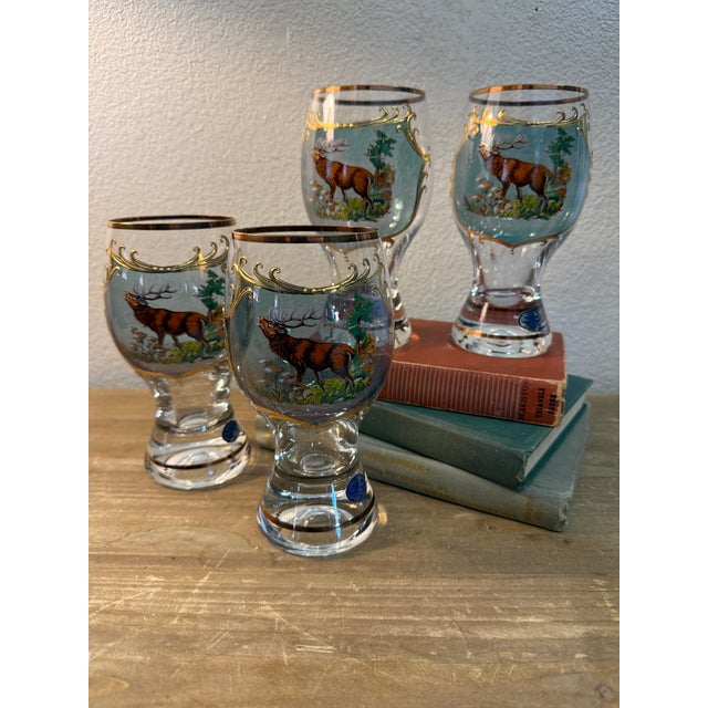 Rustic European Crystal Hand Painted Elk Glasses 2 Glass Sets 1990's For Sale - Image 3 of 11