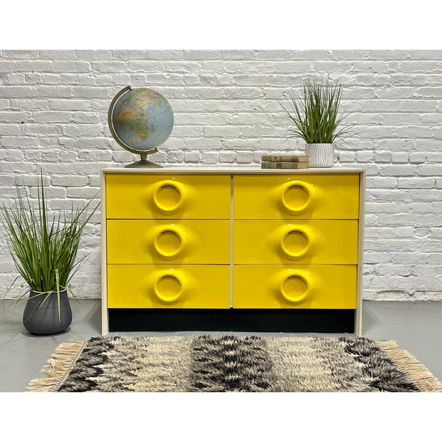 Raymond Loewy Mid Century Modern Yellow Lacquer Plastic + Wood Dresser in the Style of Raymond Loewy | Vintage Pop Art Space Age Design, C. 1970's For Sale - Image 4 of 10