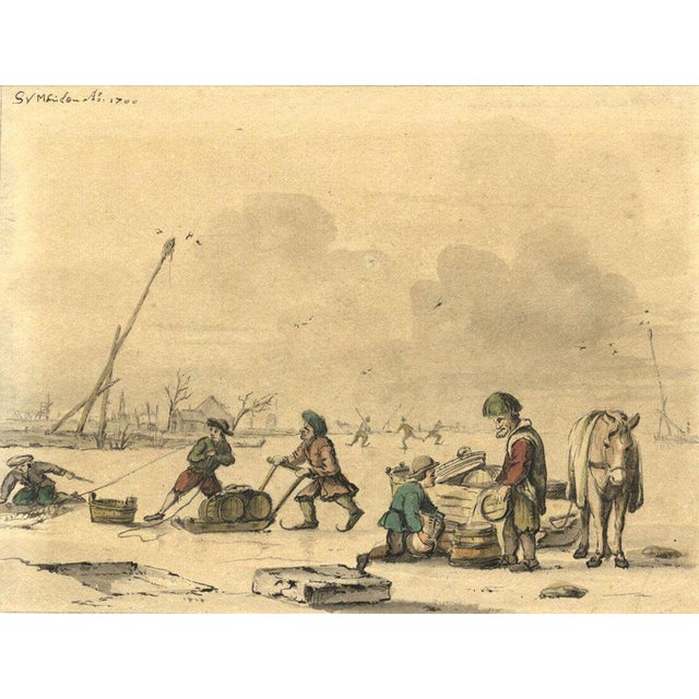 After Vermeulen, Winter Skating Scene, 1700, Watercolour For Sale - Image 3 of 3