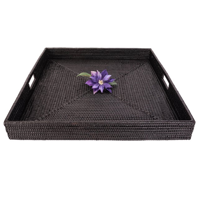 Boho Chic Artifacts Rattan Square Ottoman Tray with Cutout Handles For Sale - Image 3 of 3