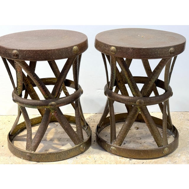 Brown Pair of Mid-Century Modern Brass “X” Stools, by Sarreid, Spain, Circa 1960s For Sale - Image 8 of 18