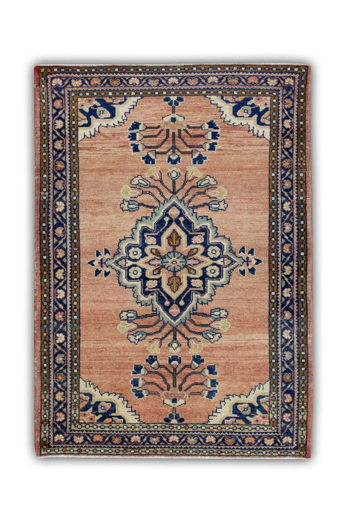 1960s Salmon & Blue Vintage Turkish Rug 3'6