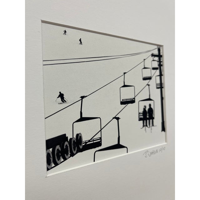 Black Black and White Ski Lift Signed and Dated 2003 Minimalist Winter Scene Matted Print For Sale - Image 8 of 8