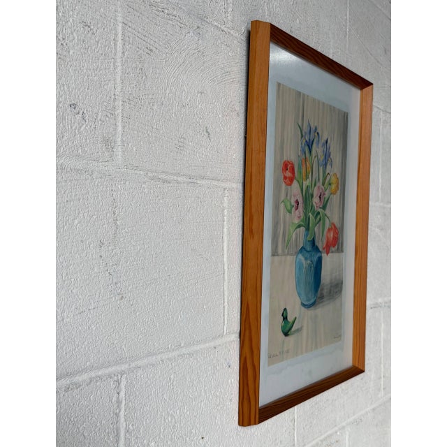 Blue j.l. Signed Floral Bouquet Still Life Watercolor Painting Mid-Century Modern 1975 For Sale - Image 8 of 10