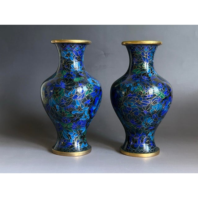 Chinese Mid 20th Century Chinese Blue Cloisonné Floral Vases – Pair For Sale - Image 3 of 9