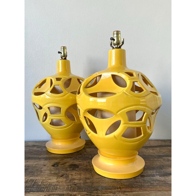 Vintage Glazed Ceramic Cutout Lamps - A Pair For Sale - Image 10 of 12
