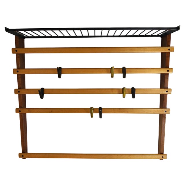 Coat Rack with Hat Rack in Brass, Walnut and Beech attributed to Carl Auböck, 1950s For Sale