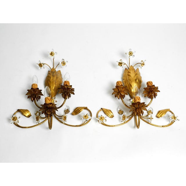 Italian Gold Plated Floral Regency Murano Glass Sconces, 1980s, Set of 2 For Sale - Image 4 of 18