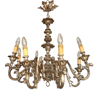 Vintage Louis XV Silvered Hand-Painted Carved Wood Eight-Arm Chandelier with Floral Motifs, Italy, 1920s For Sale