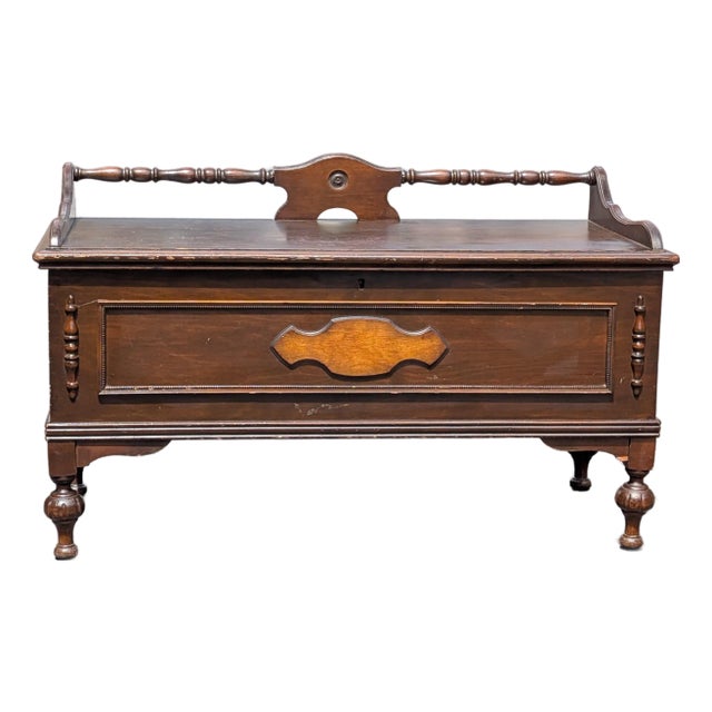 Vintage Jacob Bloom Style Mid-Century Walnut Stained Cedar Chest Storage Bench For Sale