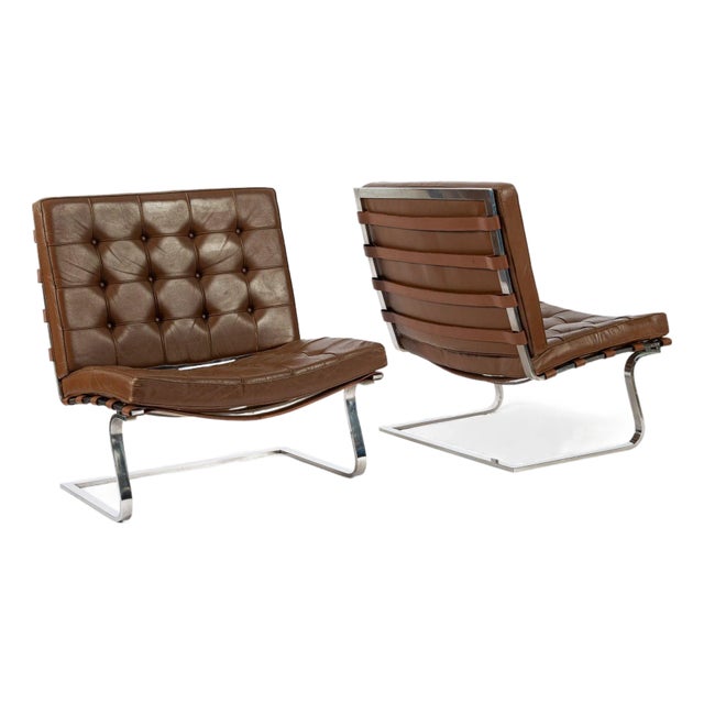 1960s Pair Vintage Brown Tugendhat Lounge Chairs by Mies Van Der Rohe for Knoll For Sale