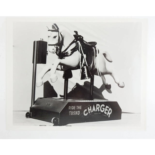 Tusko Mfg. mechanical coin operated, Ride the Tusko Charger horse kiddie ride original black and white photograph.