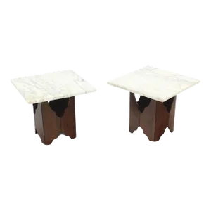 Mid-Century Modern Walnut Base Square Marble Top End Side Tables MINT - A Pair