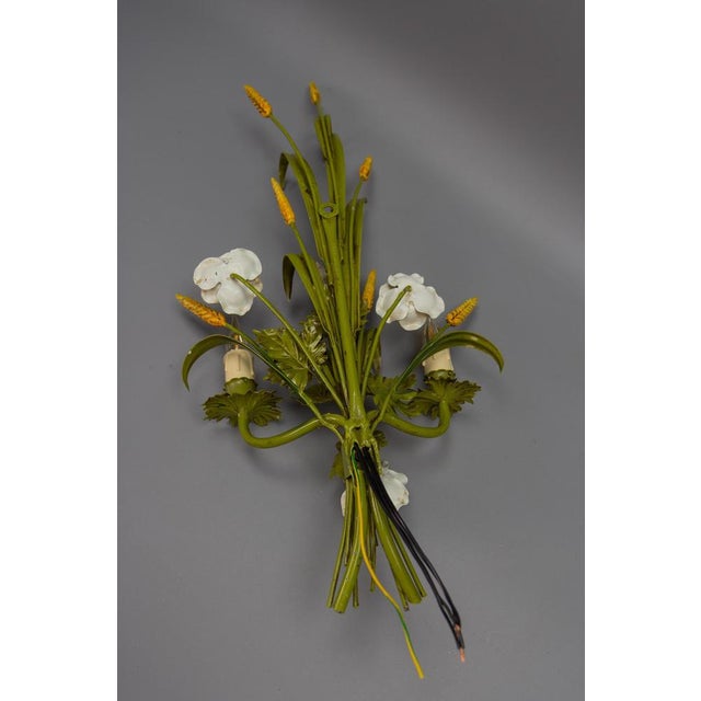 Italian Toleware White Poppy and Wheat Green Floral Bouquet Two-Light Sconce, 1960s For Sale - Image 16 of 18