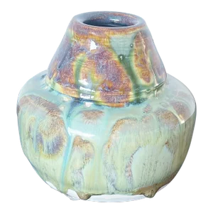 Vintage Hand Thrown Art Nouveau Shaped Gourde Vase in Heavy Drip Green and Brown Glaze