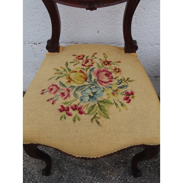 Brown Victorian Late 1800s Carved Tapestry Small Accent Side Chairs a Pair 6379 For Sale - Image 8 of 12