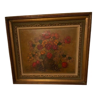 1960s Listed American Artist Hugo Casar Signed Framed Original Oil Painting of Flowers and Fruit For Sale