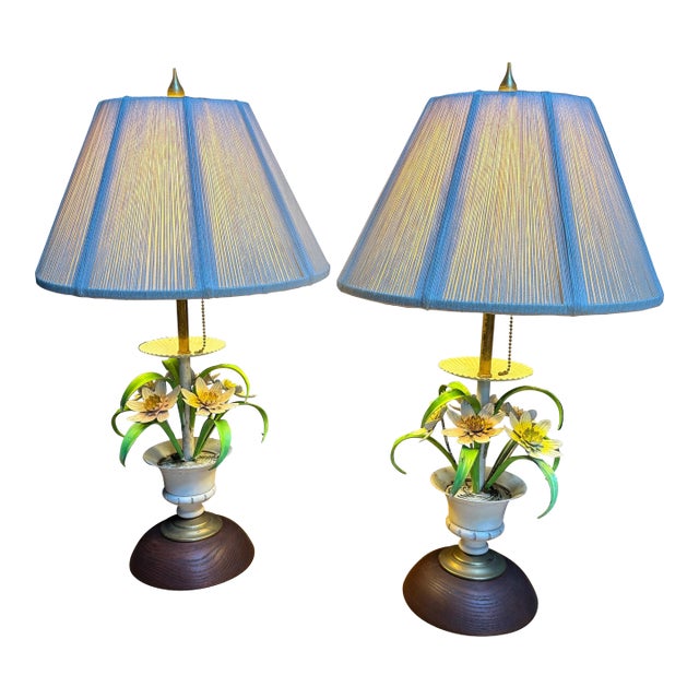 Italian Pair of Painted Floral Table Lamps For Sale