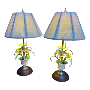 Italian Pair of Painted Floral Table Lamps