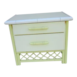 1970s Vintage Ficks Reed Style Bamboo Nightstand Yellow 2 Drawer