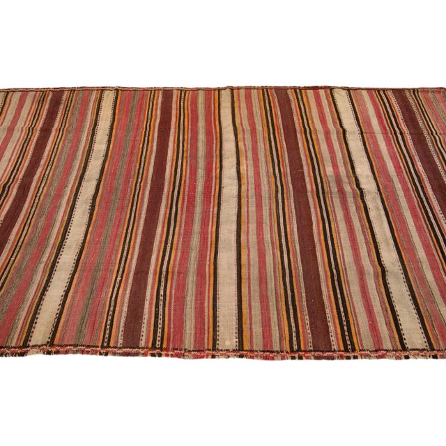 1960s Mid-20th Century Turkish Kilim Beige Handmade Stripes Wool Rug For Sale - Image 5 of 10