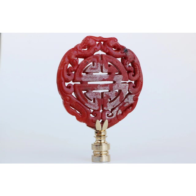 Chinese Longevity Symbol Lamp Finials on Golden Brass Hardware - a Pair For Sale - Image 4 of 4