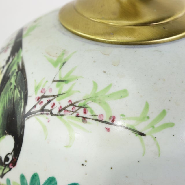 Famille Rose Antique Porcelain Vase Lamp With Bird and Floral Motif on Wood Base For Sale - Image 13 of 15