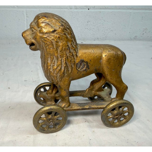 Gold Antique Early 1920s Ac Williams Hand Painted Cast Iron Lion Still Bank on Wheels For Sale - Image 8 of 11