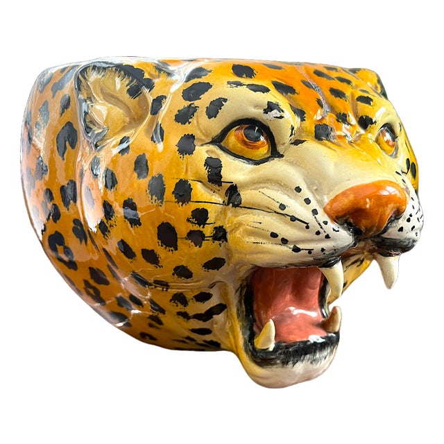 1970s Monumental Sculptural Leopard Head Cachepot – Hand Painted Ceramic – Hollywood Regency Statement Object For Sale