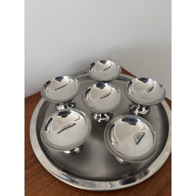 Silver Vintage Sorbet Bowl with Serving Tray in Stainless Steel, 1970s, Set of 7 For Sale - Image 8 of 9