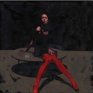 Red Tights by Michael Carson | Oil on Panel Woman in red tights seated at a table. For Sale