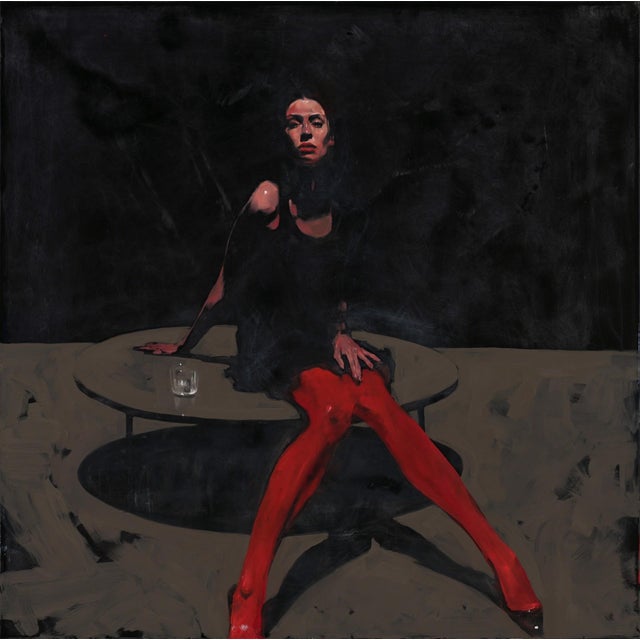 Red Tights by Michael Carson | Oil on Panel Woman in red tights seated at a table. For Sale