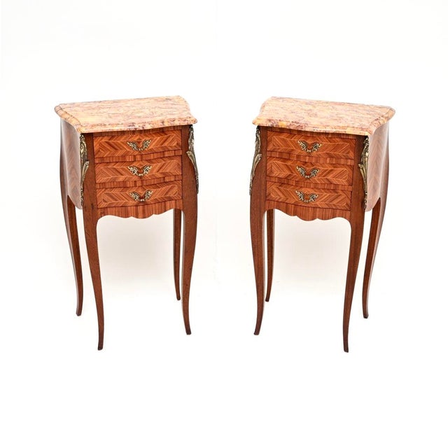 Antique French Inlaid Parquetry Marble Top Bedside Chests, 1900, Set of 2 For Sale - Image 11 of 11