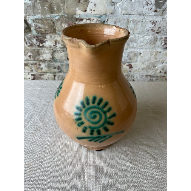 Mid-Century Modern Vintage Hand-Painted Terracotta Pitcher With Sunburst Motif For Sale - Image 3 of 9