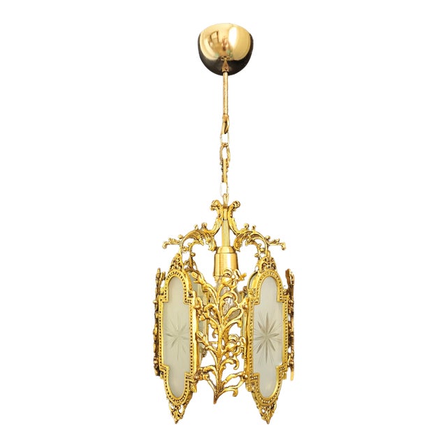 Vintage Brass Chandelier Pendant Light French Style Floral Glass Ceiling Fixture For Sale