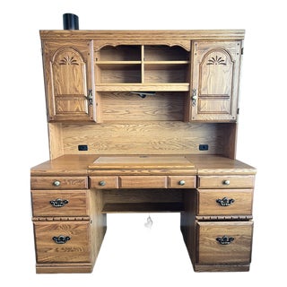 Vintage Solid Oak Desk With Hutch For Sale