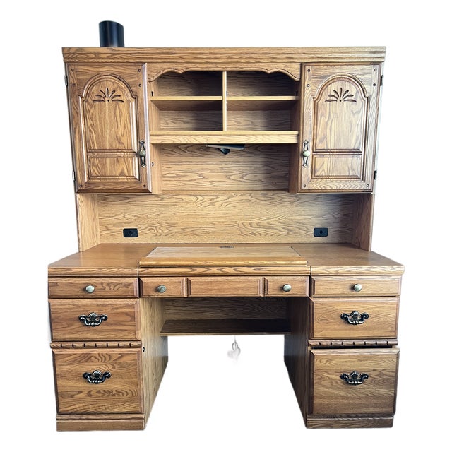 Vintage Solid Oak Desk With Hutch For Sale