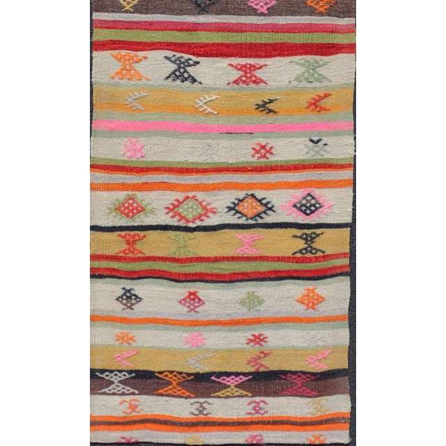 White Mid 20th Century Vintage Hand Woven Turkish Kilim Colorful Stripe Runner With Tribal Motifs For Sale - Image 8 of 12