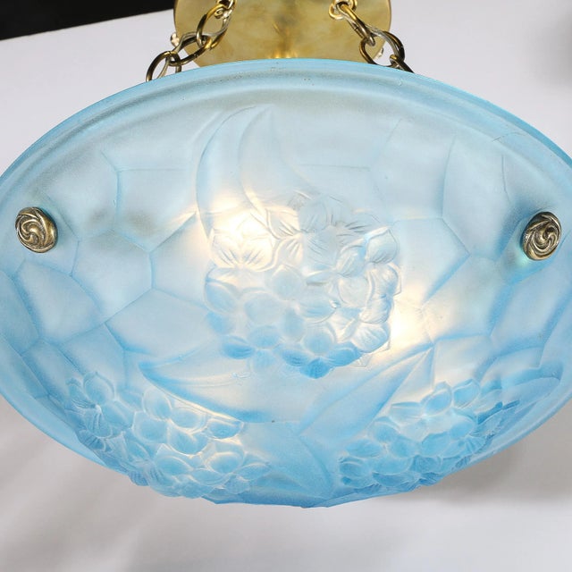 Blue Art Deco Frosted Blue Glass Chandelier W/ Brass Fittings Signed Roc by Degué For Sale - Image 8 of 12
