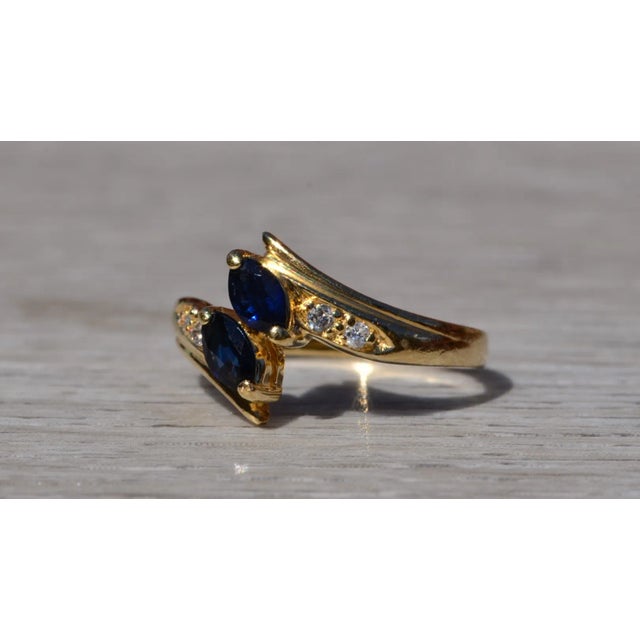 The Norwinden: Ladies 14K Yellow Gold Bypass Style Ring set with Sapphire and Diamonds For Sale - Image 4 of 10